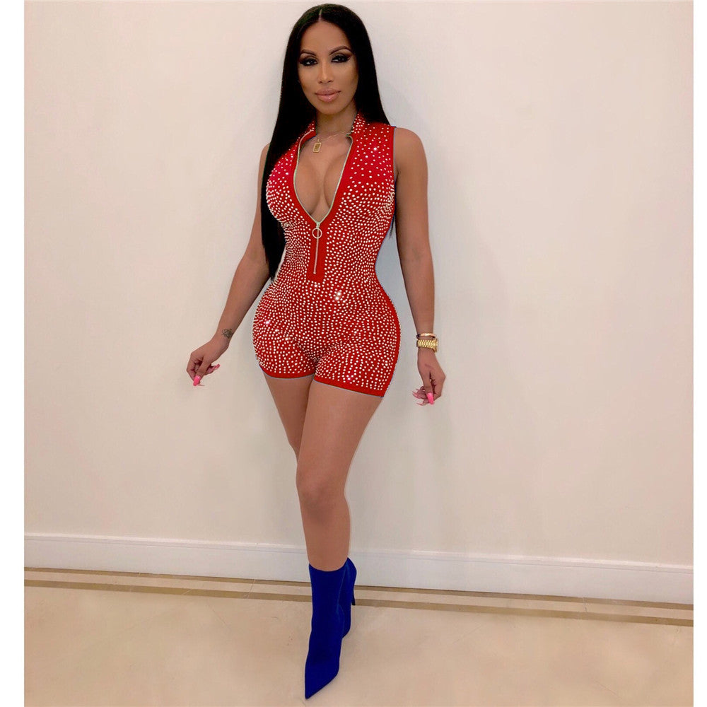 Women’s V Neck Rhinestone Jumpsuits – Sexy Sleeveless Short Bodycon Club Party Rompers