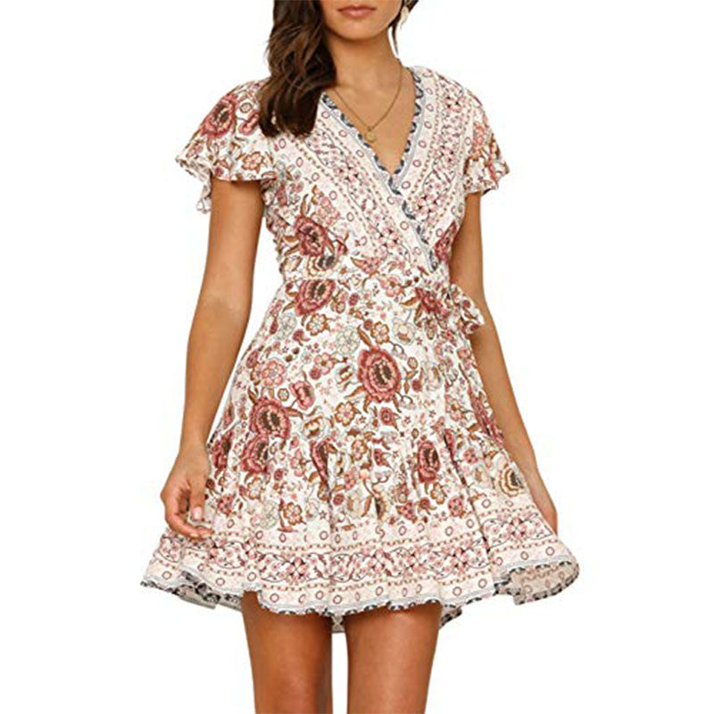 Women’s Summer Wrap V Neck Bohemian Floral Print Ruffle Swing A Line Beach Mini Dress