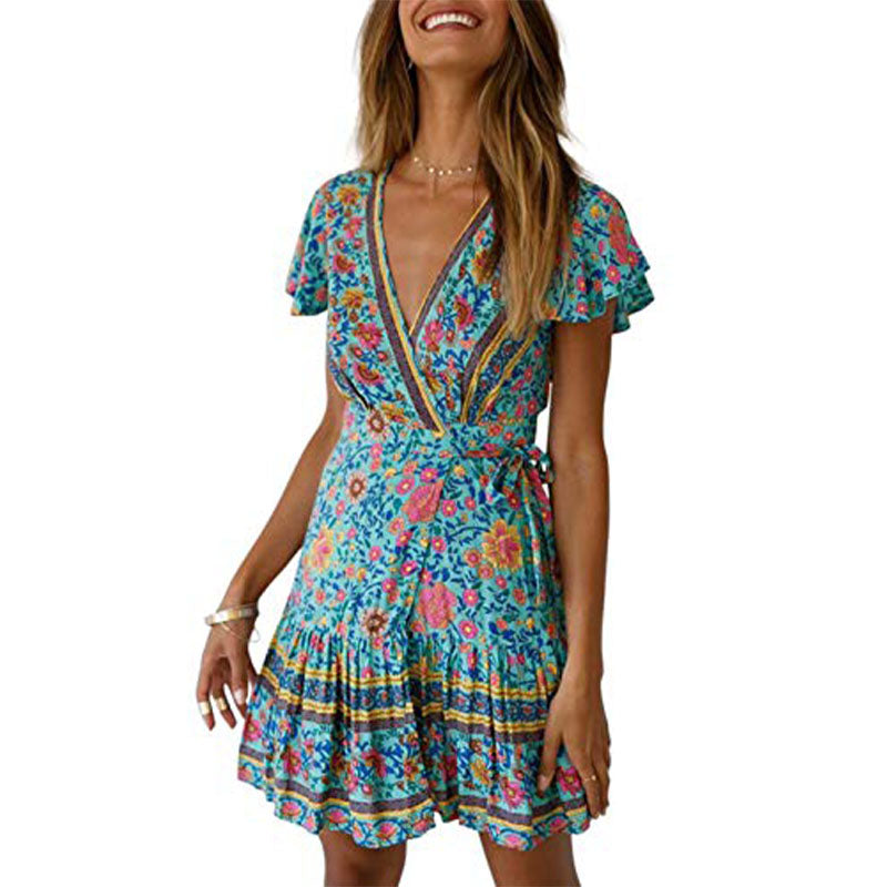 Women’s Summer Wrap V Neck Bohemian Floral Print Ruffle Swing A Line Beach Mini Dress