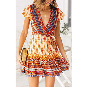 Women’s Summer Wrap V Neck Bohemian Floral Print Ruffle Swing A Line Beach Mini Dress