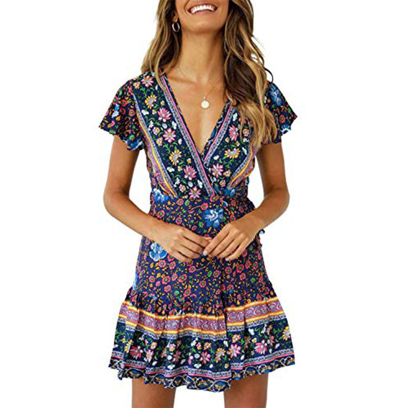 Women’s Summer Wrap V Neck Bohemian Floral Print Ruffle Swing A Line Beach Mini Dress