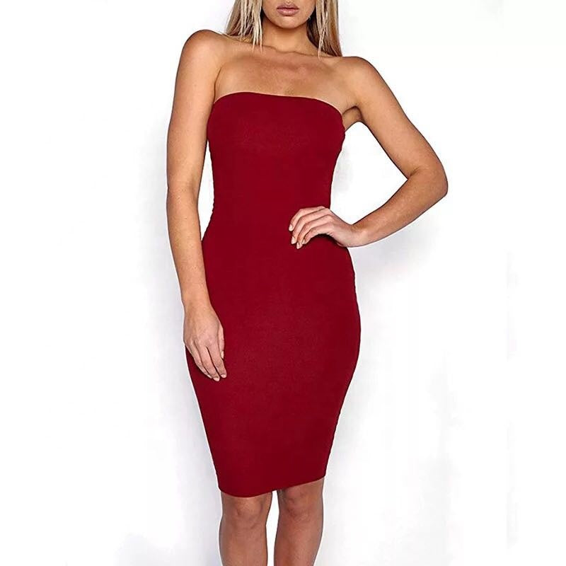 Women's Basic Sleeveless Tube Top Sexy Strapless Bodycon Midi Club Dress