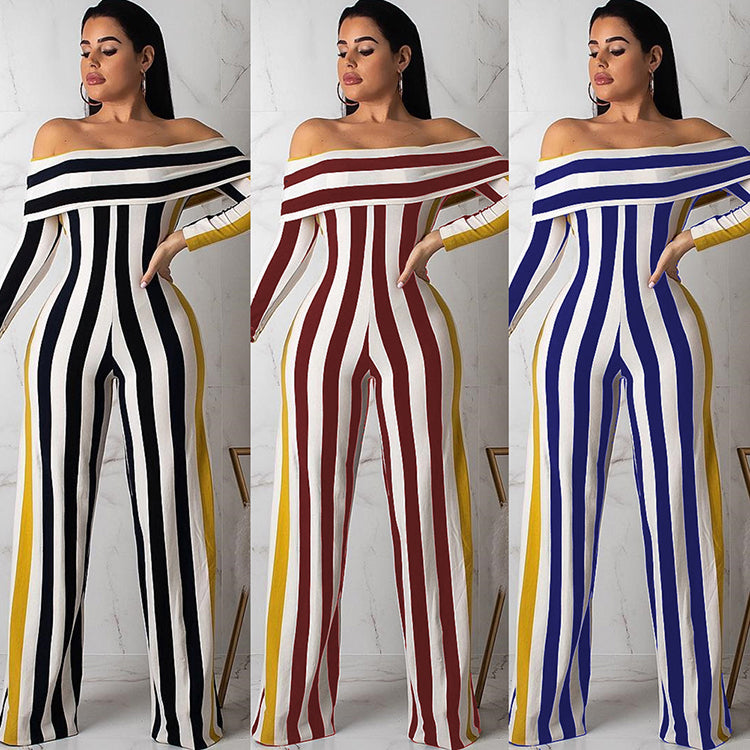 2019 Latest Design Casual Fashion Wide Leg Pants Striped Print Off Shoulder Sexy Women Jumpsuits