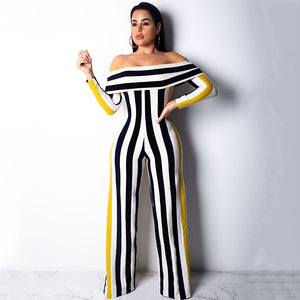 2019 Latest Design Casual Fashion Wide Leg Pants Striped Print Off Shoulder Sexy Women Jumpsuits