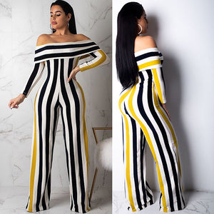 2019 Latest Design Casual Fashion Wide Leg Pants Striped Print Off Shoulder Sexy Women Jumpsuits