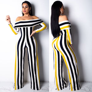 2019 Latest Design Casual Fashion Wide Leg Pants Striped Print Off Shoulder Sexy Women Jumpsuits