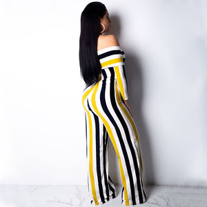 2019 Latest Design Casual Fashion Wide Leg Pants Striped Print Off Shoulder Sexy Women Jumpsuits