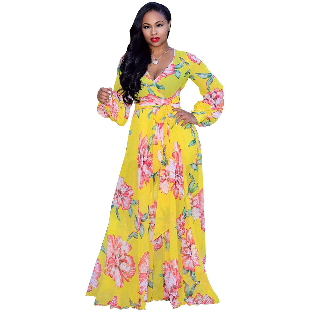 Women's Floral Print Wrap V Neck Long Sleeve Tie Waist Maxi Dress