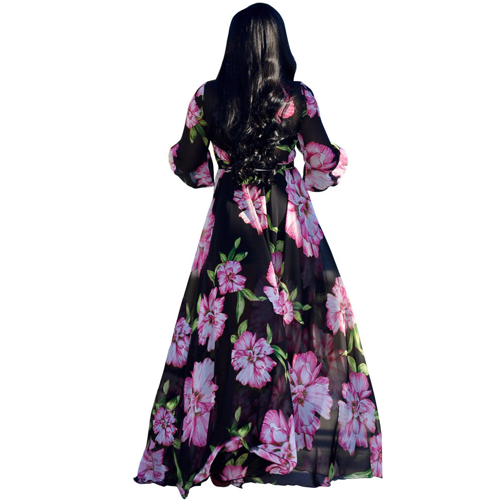 Women's Floral Print Wrap V Neck Long Sleeve Tie Waist Maxi Dress