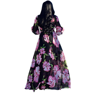 Women's Floral Print Wrap V Neck Long Sleeve Tie Waist Maxi Dress