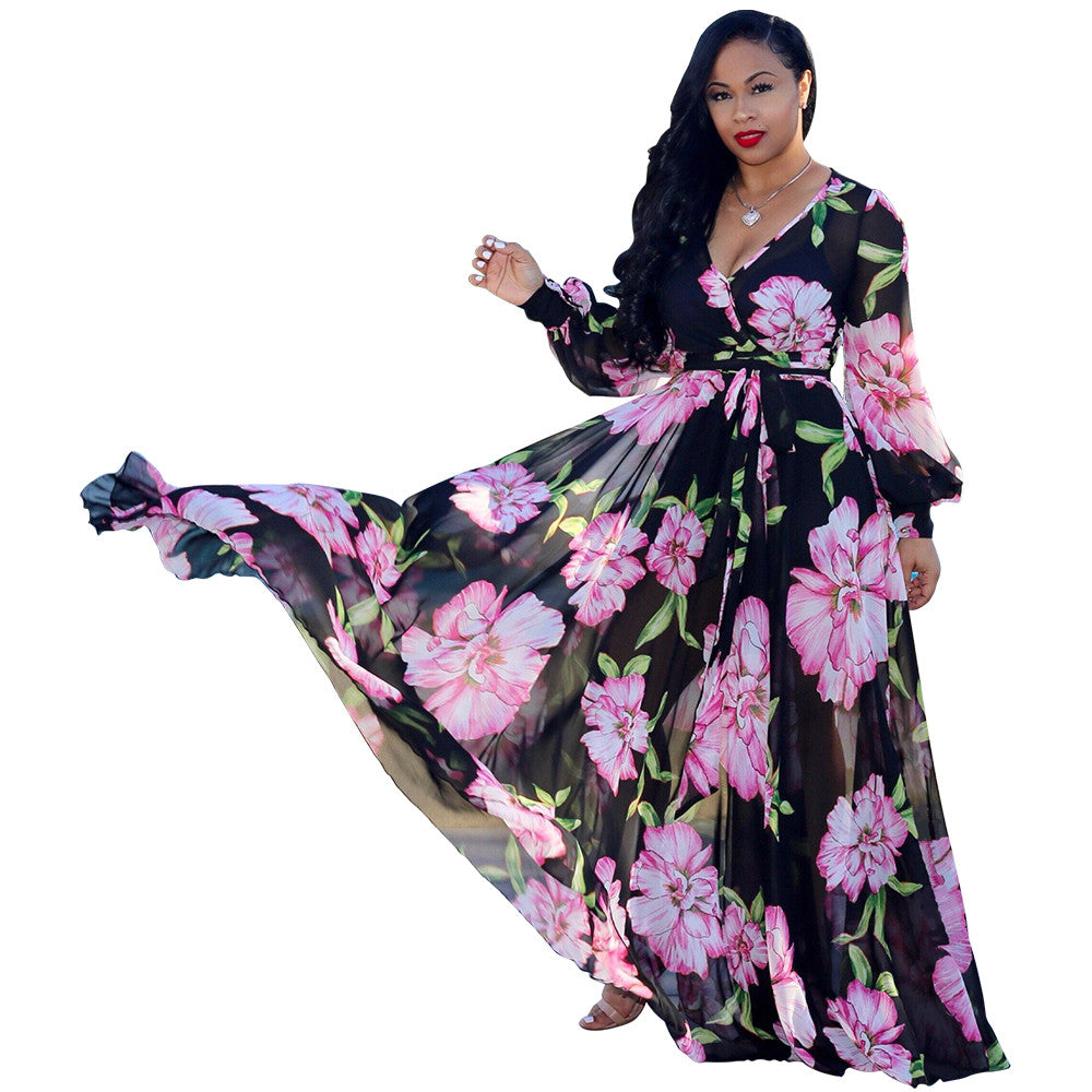 Women's Floral Print Wrap V Neck Long Sleeve Tie Waist Maxi Dress