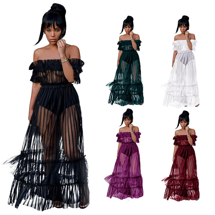 Women Sexy Tiered Dress Mesh Sheer Off Shoulder Lace Party Club Long Maxi Dress Bikini Cover up