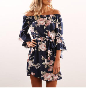 Womens Off Shoulder Bell Sleeve Club Palm Leaf Print Boho Short Dress