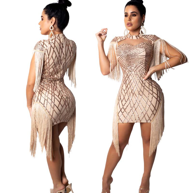 Sexy Bodycon Mini Dress - Women Sequins Tassels Mock Neck Party Club Pencil Dresses