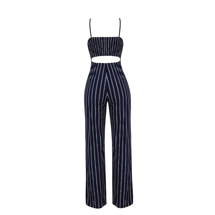 Sexy Sleeveless Womens Jumpsuit Casual Wear Black Suit With White Stripes Ladies Summer Jumpsuit