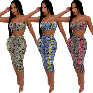 Womens 2 Piece Outfit Sexy Snakeskin Print Cami Crop Top Bodycon Dress