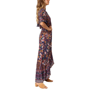 Women's Boho Button Down Bat Sleeve Floral Elastic Waist Beach Party Vacation High Low Ruffle Long Maxi Dress