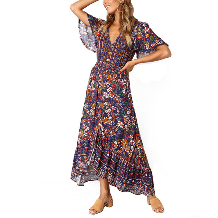 Women's Boho Button Down Bat Sleeve Floral Elastic Waist Beach Party Vacation High Low Ruffle Long Maxi Dress