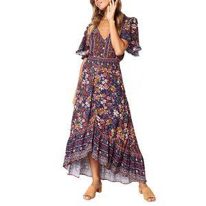 Women's Boho Button Down Bat Sleeve Floral Elastic Waist Beach Party Vacation High Low Ruffle Long Maxi Dress