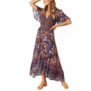 Women's Boho Button Down Bat Sleeve Floral Elastic Waist Beach Party Vacation High Low Ruffle Long Maxi Dress