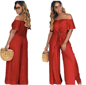 Women Off Shoulder Crop Top Wide Leg Pants Fashion Romper Jumpsuit Two Piece Set