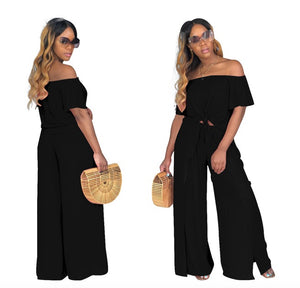 Women Off Shoulder Crop Top Wide Leg Pants Fashion Romper Jumpsuit Two Piece Set