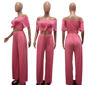 Women Off Shoulder Crop Top Wide Leg Pants Fashion Romper Jumpsuit Two Piece Set