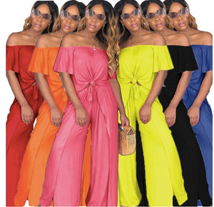 Women Off Shoulder Crop Top Wide Leg Pants Fashion Romper Jumpsuit Two Piece Set