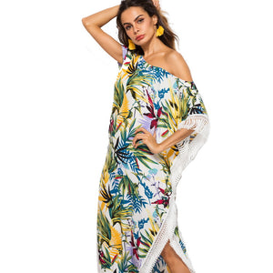 Summer Beach Dress Women Sexy One Shoulder Floral Split Tassel Asymmetrical Dress