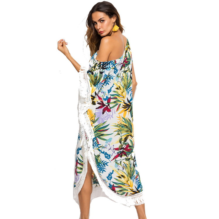 Summer Beach Dress Women Sexy One Shoulder Floral Split Tassel Asymmetrical Dress