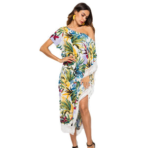 Summer Beach Dress Women Sexy One Shoulder Floral Split Tassel Asymmetrical Dress