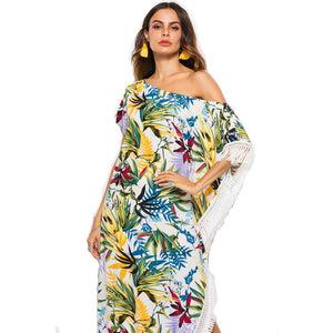 Summer Beach Dress Women Sexy One Shoulder Floral Split Tassel Asymmetrical Dress