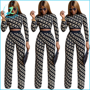 Women long sleeve top wide leg pants two pieces set