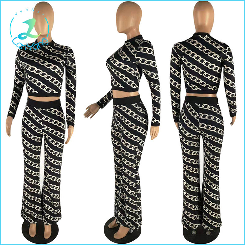 Women long sleeve top wide leg pants two pieces set