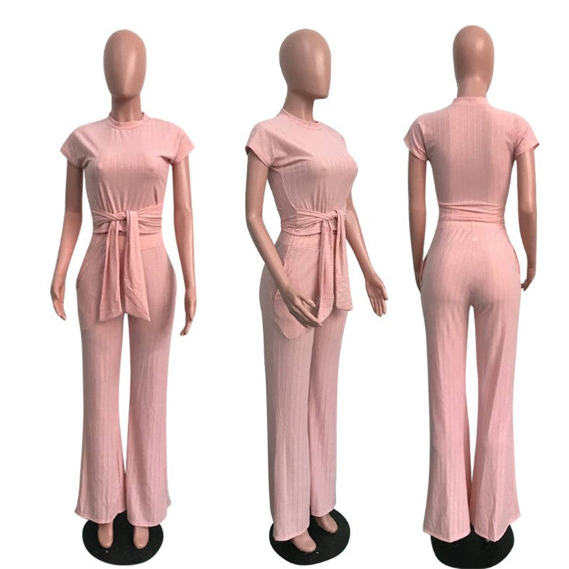 2019 hot sell 6colors women clothing ol office ladies two piece Outfits (crop top+wide leg pants) 2 Piece Set