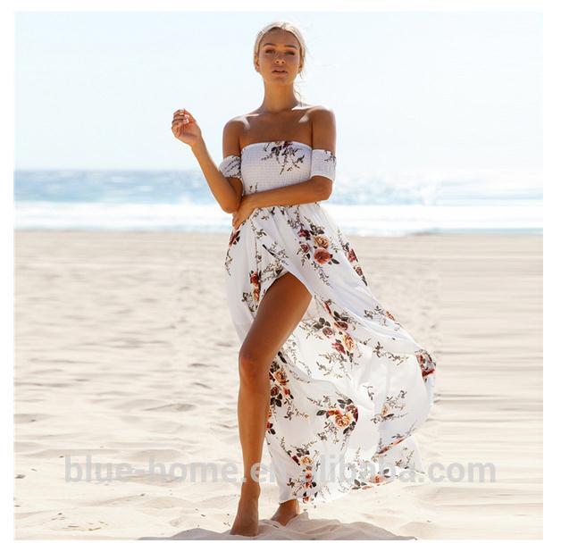 Women’s Boho Off Shoulder Strapless Summer Beach Floral Slit Maxi Dress