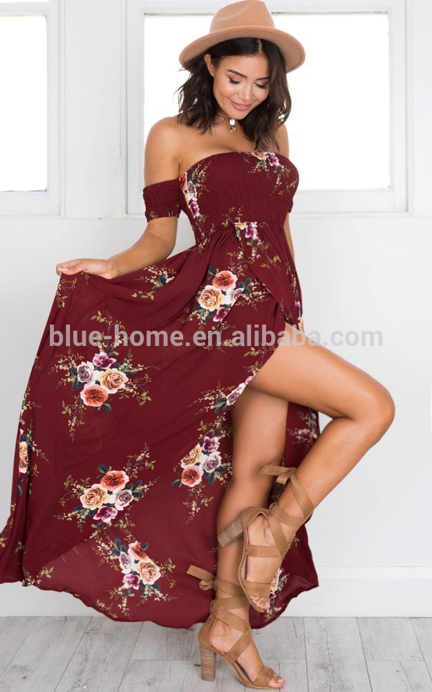 Women’s Boho Off Shoulder Strapless Summer Beach Floral Slit Maxi Dress