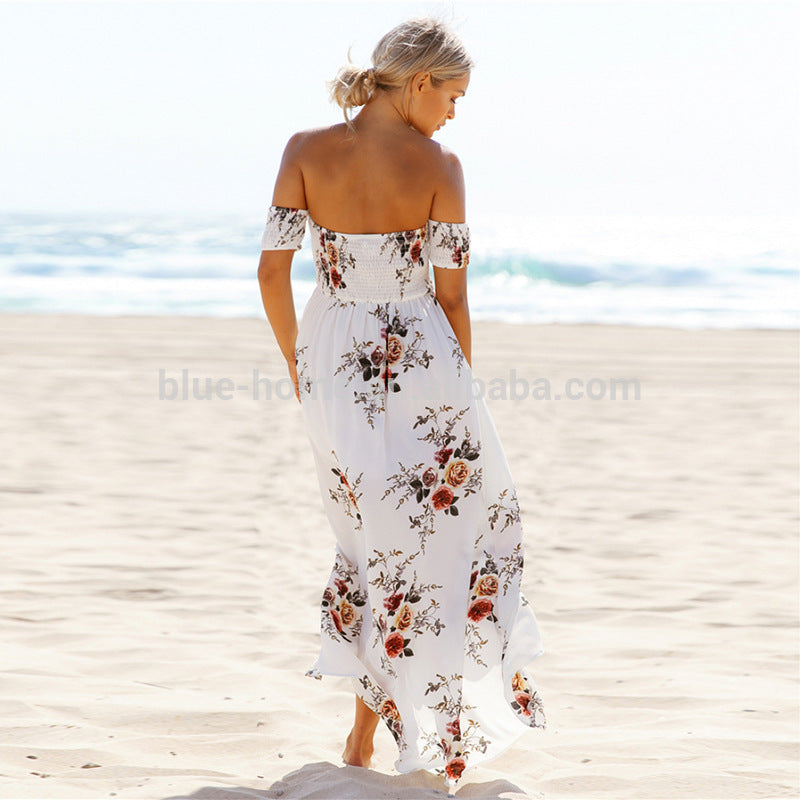 Women’s Boho Off Shoulder Strapless Summer Beach Floral Slit Maxi Dress