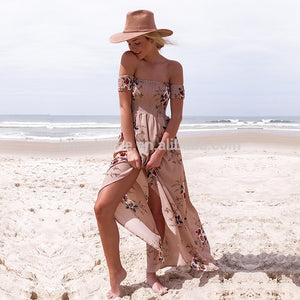 Women’s Boho Off Shoulder Strapless Summer Beach Floral Slit Maxi Dress