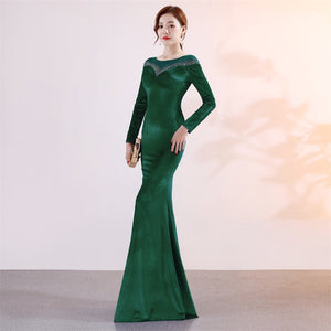 2019 newest 5 colors evening party scoop neck long sleeves crystal velvet velour vestidos de fiesta prom dress