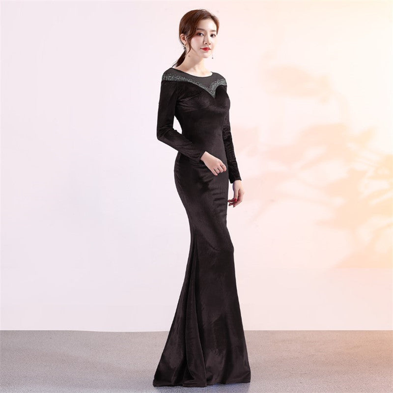 2019 newest 5 colors evening party scoop neck long sleeves crystal velvet velour vestidos de fiesta prom dress