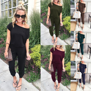 Women sexy off shoulder elastic waist beam foot jumpsuit