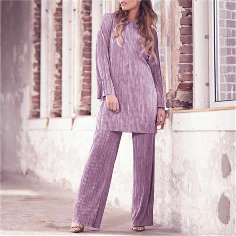 5 Color XS-XXL Women Modest Islamic Clothing Palazzo Style Full Sleeve Long Tops Wide Leg Pants Set Two Piece Suit