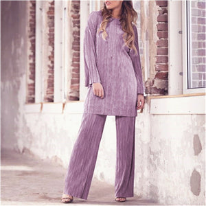 5 Color XS-XXL Women Modest Islamic Clothing Palazzo Style Full Sleeve Long Tops Wide Leg Pants Set Two Piece Suit