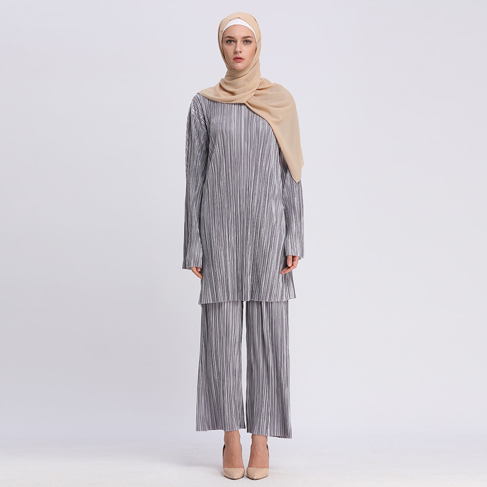 5 Color XS-XXL Women Modest Islamic Clothing Palazzo Style Full Sleeve Long Tops Wide Leg Pants Set Two Piece Suit