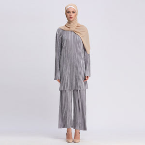 5 Color XS-XXL Women Modest Islamic Clothing Palazzo Style Full Sleeve Long Tops Wide Leg Pants Set Two Piece Suit