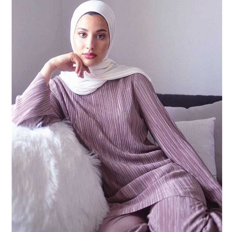 5 Color XS-XXL Women Modest Islamic Clothing Palazzo Style Full Sleeve Long Tops Wide Leg Pants Set Two Piece Suit