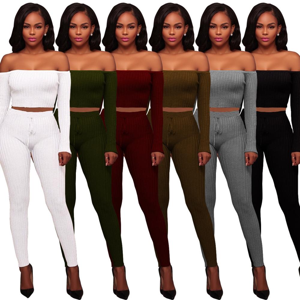 6 Color summer sexy strapless crop top club two piece women set long sleeve tops and pants set 2 piece outfits for women E3307