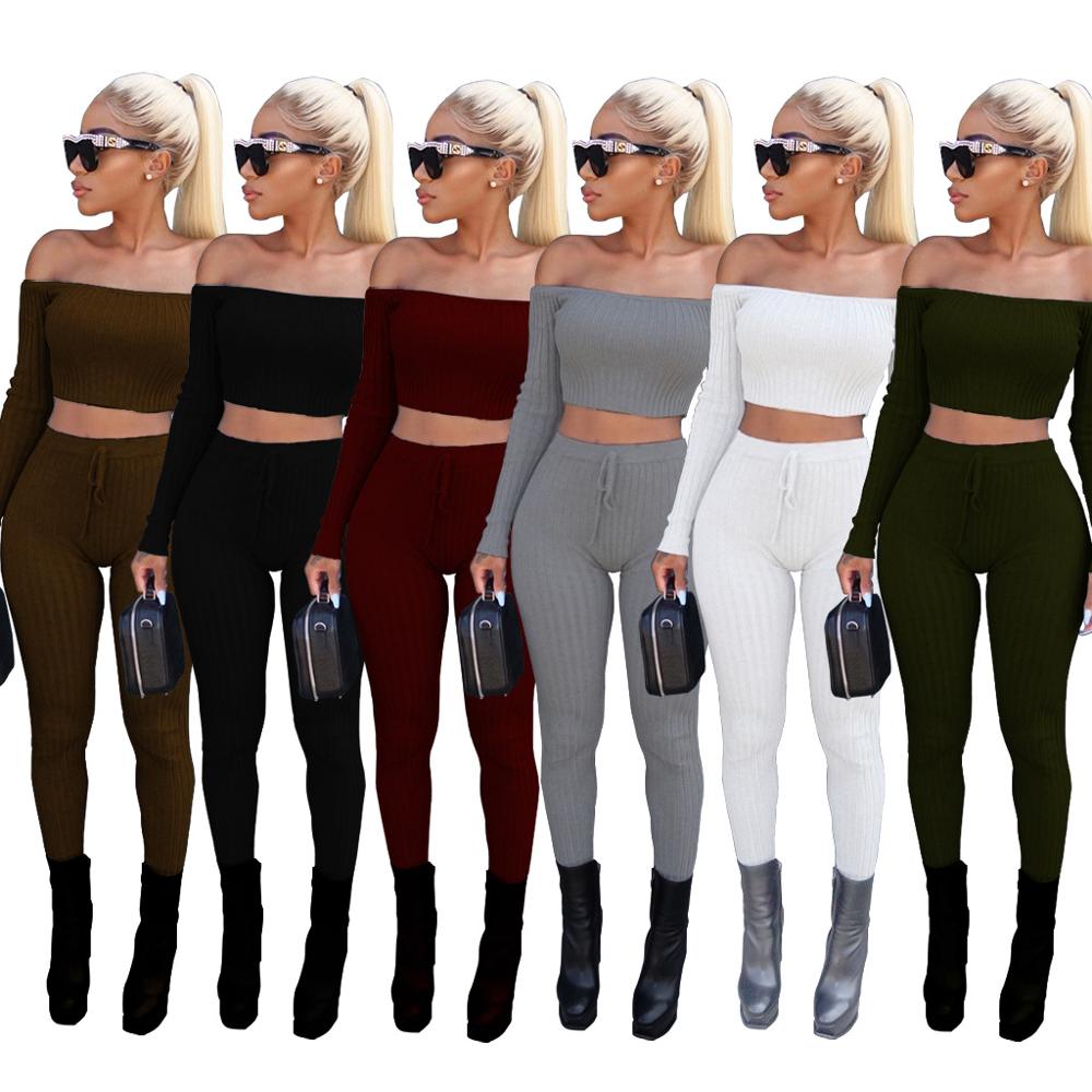 6 Color summer sexy strapless crop top club two piece women set long sleeve tops and pants set 2 piece outfits for women E3307
