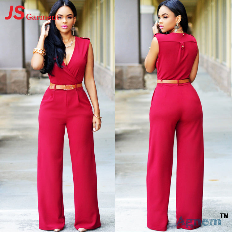 Sexy V-Neck High Waist Sleeveless Ladies Jumpsuit With Belt